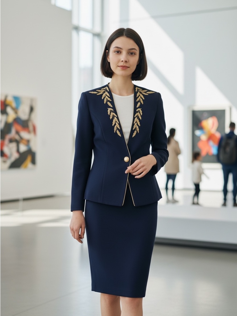 Tailored Vintage Navy Skirt Suit with Gold Leaf Embroidery